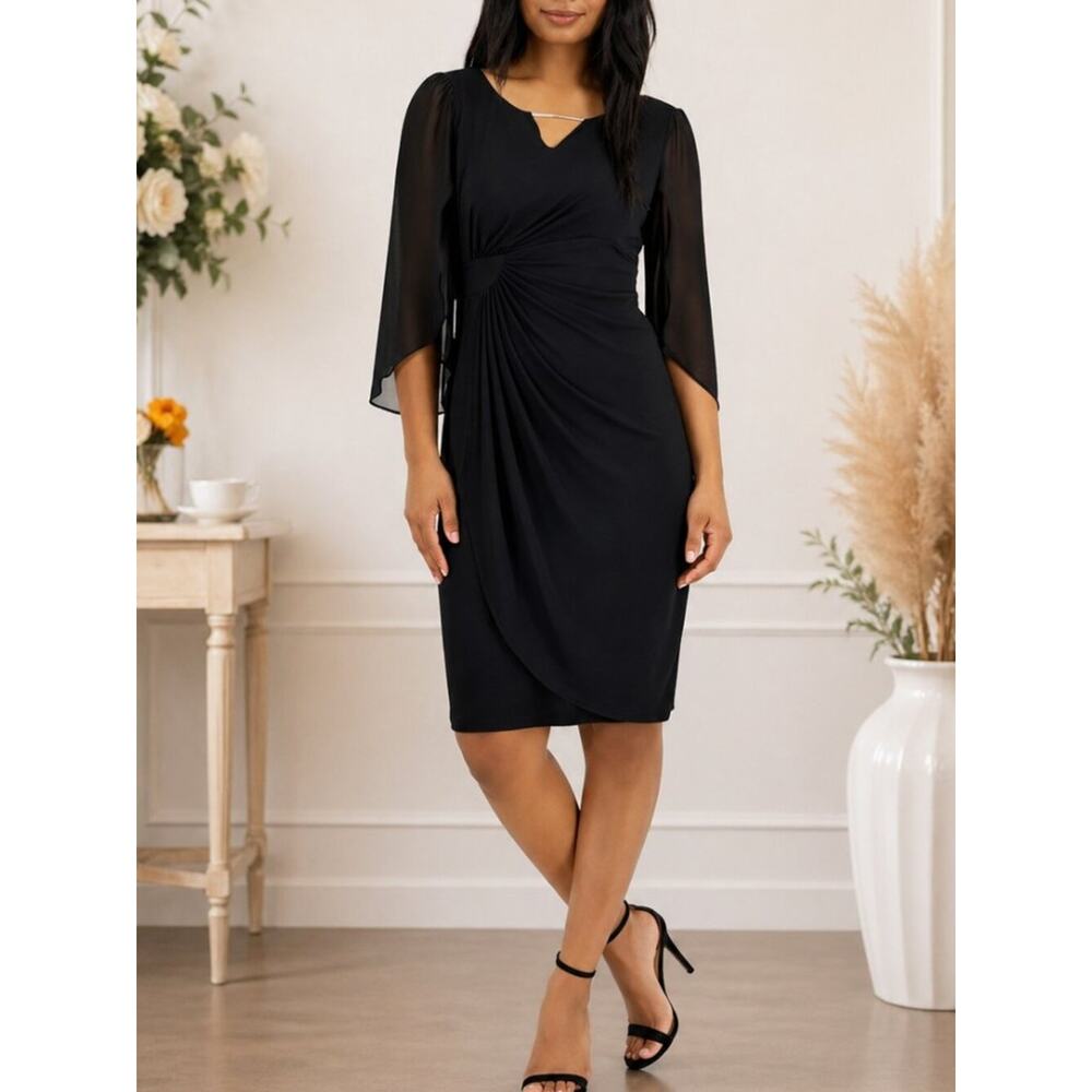 Connected Apparel Black Ruched Sheath Cocktail Dress Petite 8P NWT